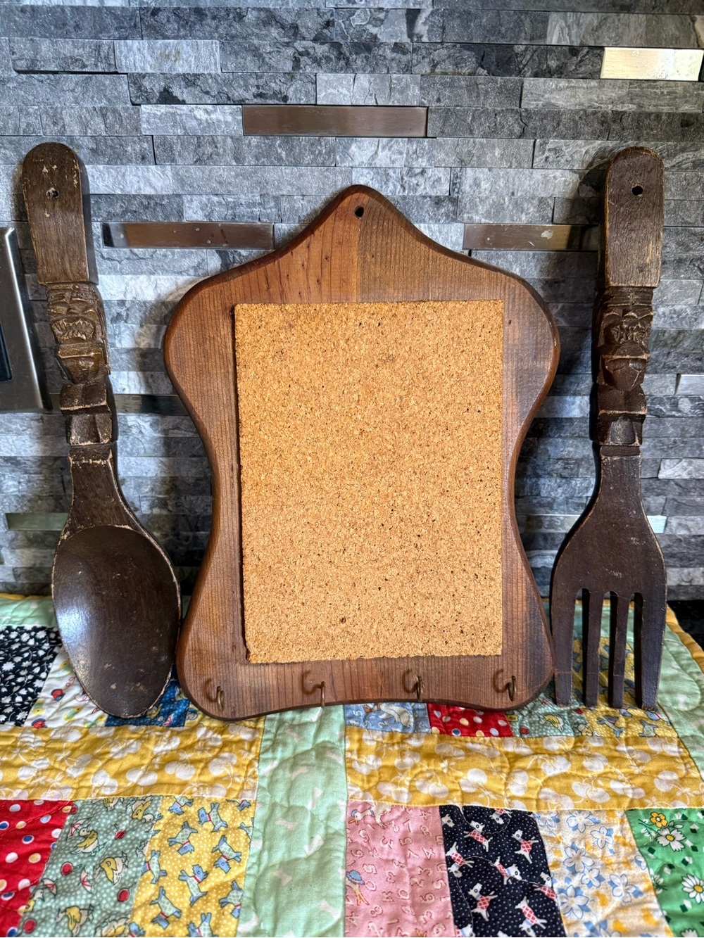 Vintage Granny Core Wall Art Wooden Utensils and Cork Board w Hooks Set